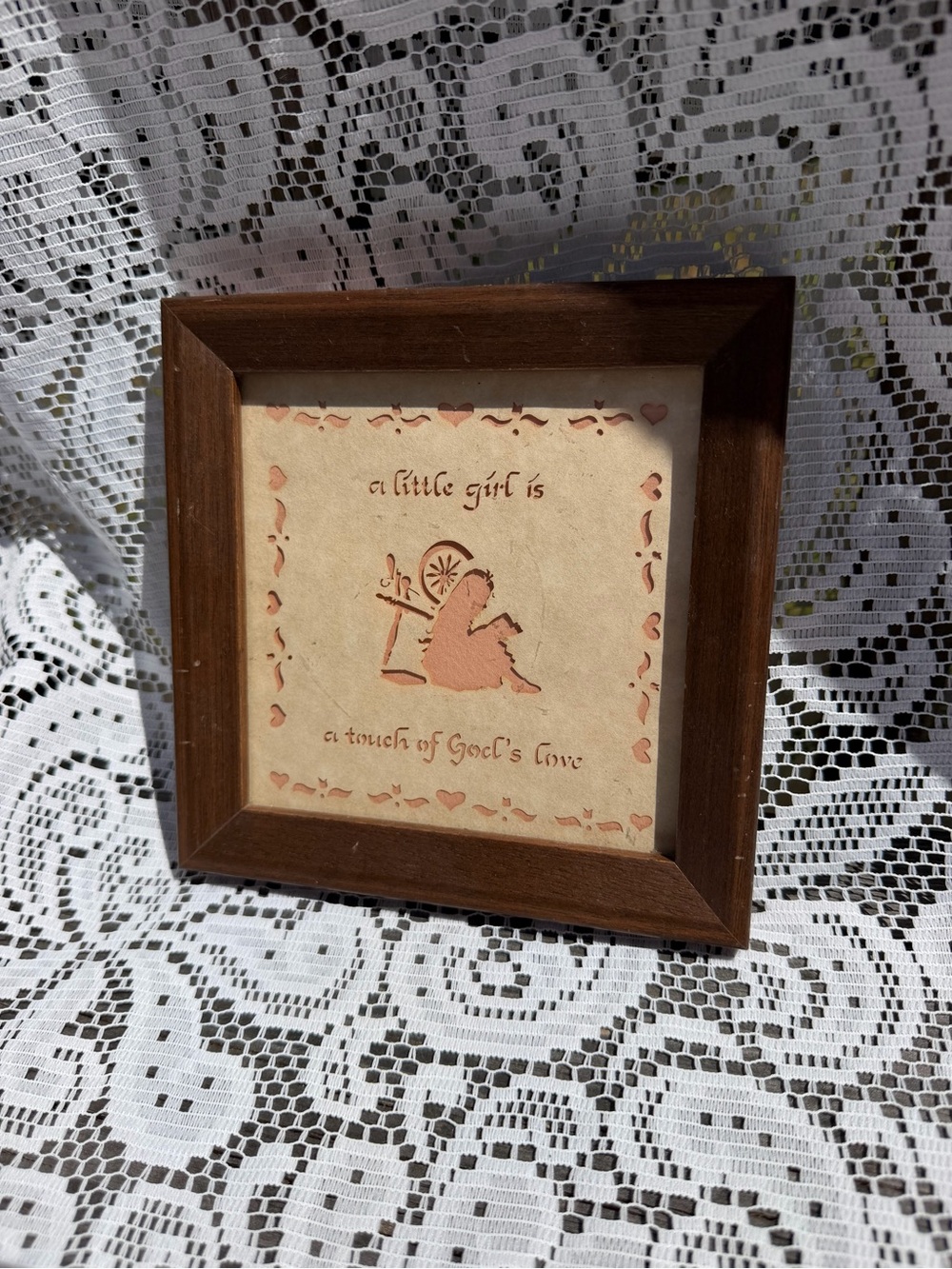 Vintage “A Little Girl is a Touch of God’s Love” Framed Paper Cut Art Wood Frame